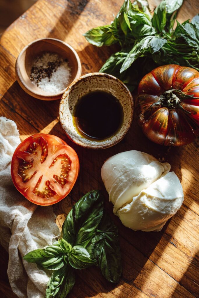 Caprese salad ingredients with buffalo mozzarella tomatoes and basil