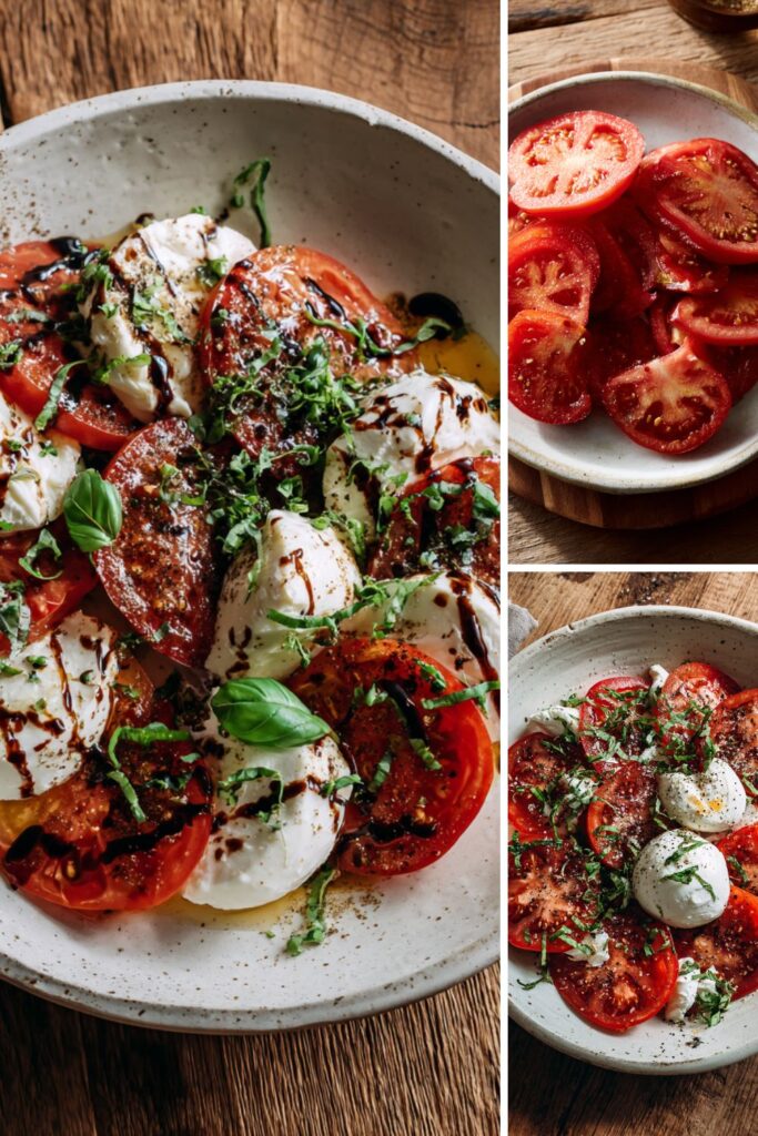 Layered caprese salad with olive oil and torn basil