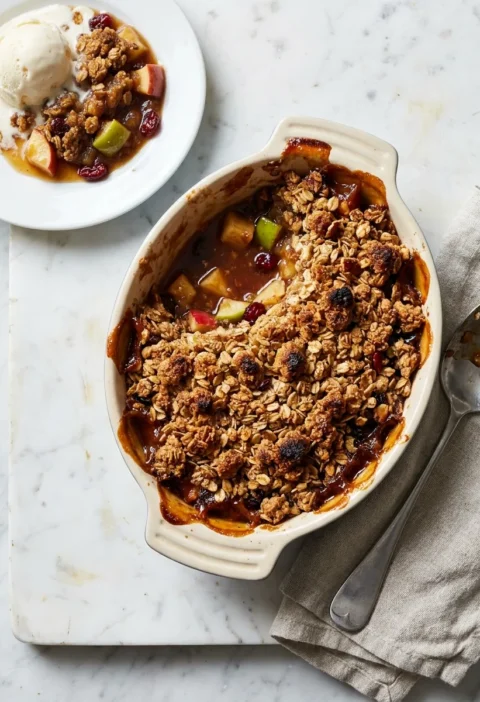 Gordon Ramsay apple crumble with muesli granola topping in an oval dish showing dark caramel apple filling with cranberries and chunked apples with skin on