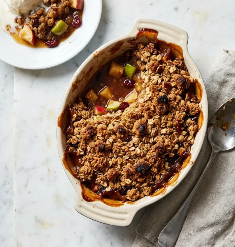 Gordon Ramsay apple crumble with muesli granola topping in an oval dish showing dark caramel apple filling with cranberries and chunked apples with skin on