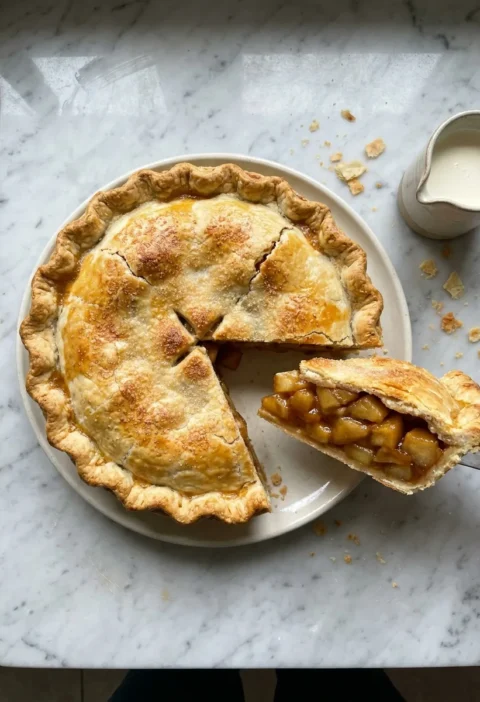 Gordon Ramsay apple pie on white marble with a slice lifted out, showing packed golden caramelised apple chunks under a crisp double crust