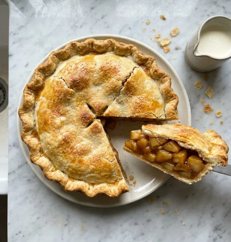 Gordon Ramsay apple pie on white marble with a slice lifted out, showing packed golden caramelised apple chunks under a crisp double crust