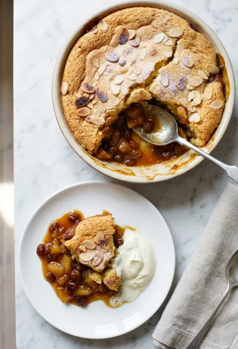 Gordon Ramsay apple pudding in a round dish with golden sponge and flaked almonds on top and gooey caramelised apple and sultana layer visible where scooped served with creme fraiche