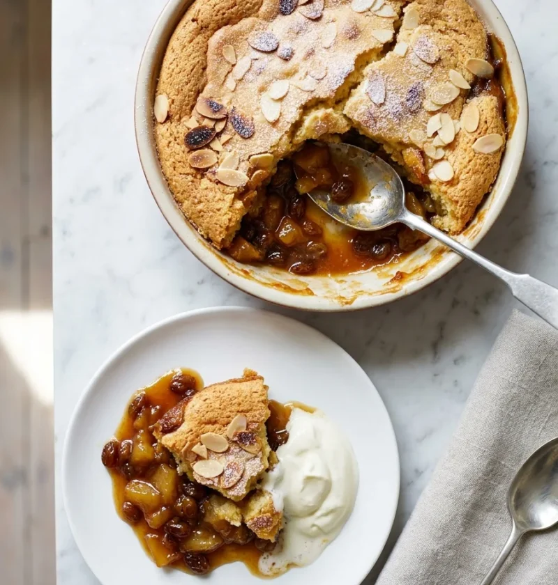 Gordon Ramsay apple pudding in a round dish with golden sponge and flaked almonds on top and gooey caramelised apple and sultana layer visible where scooped served with creme fraiche