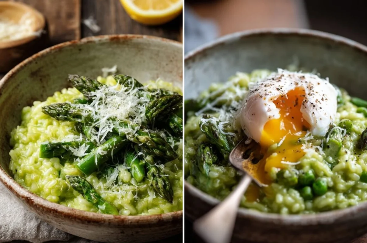 Two views of asparagus risotto showing green purée rice and a poached egg variation