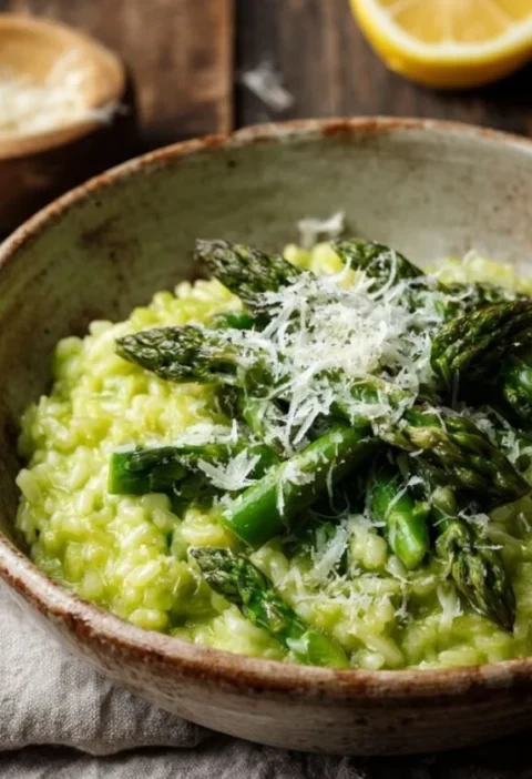Gordon Ramsay asparagus risotto with bright green rice, asparagus tips and Parmesan