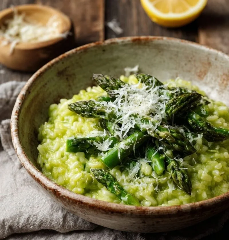 Gordon Ramsay asparagus risotto with bright green rice, asparagus tips and Parmesan