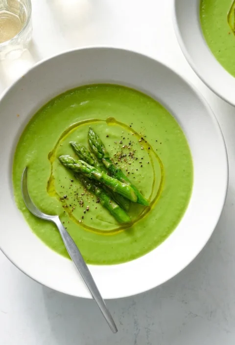 Gordon Ramsay asparagus soup bright green with sauteed tips and olive oil
