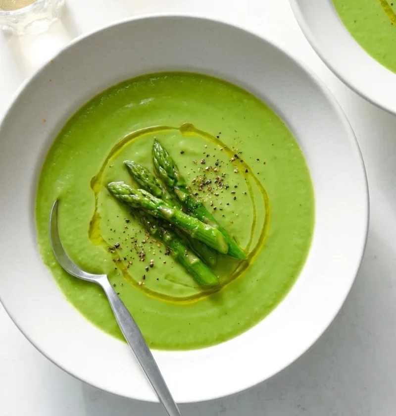 Gordon Ramsay asparagus soup bright green with sauteed tips and olive oil
