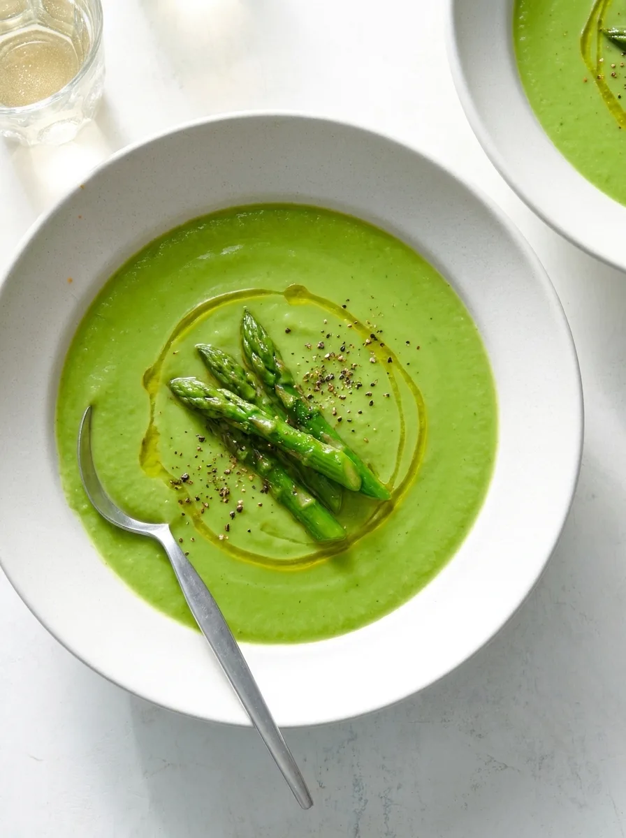Gordon Ramsay asparagus soup bright green with sauteed tips and olive oil