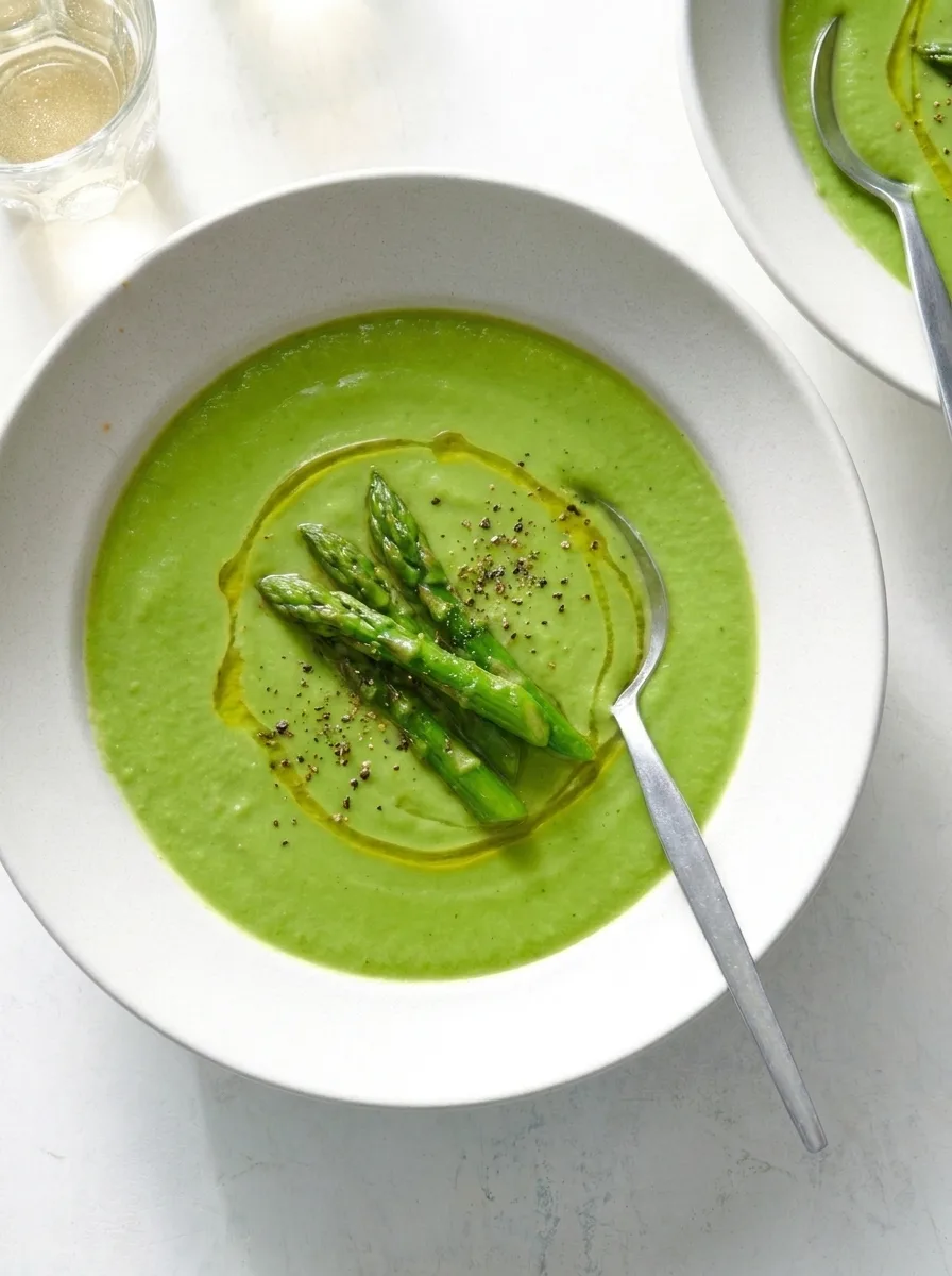Gordon Ramsay asparagus soup mid meal with spoon and asparagus tips