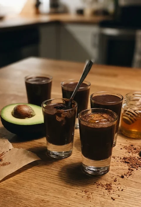 Gordon Ramsay avocado chocolate mousse in shot glasses with cacao powder
