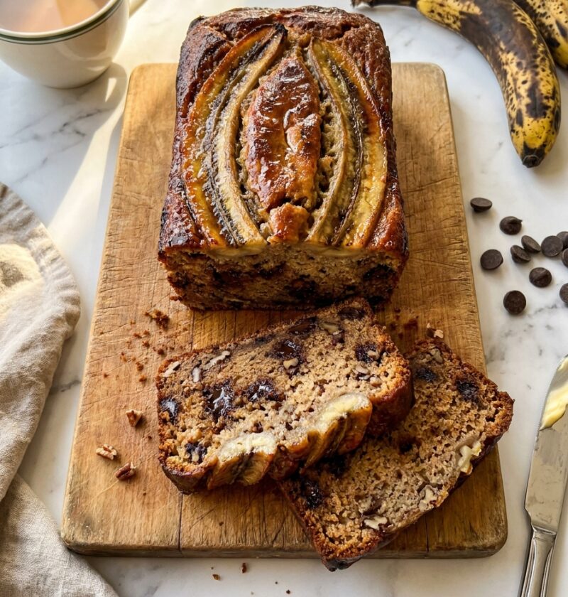 Gordon Ramsay banana bread sliced on a wooden board showing chocolate chips and pecans inside with caramelised banana on top