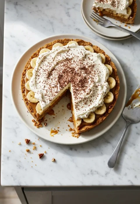 Gordon Ramsay banoffee pie on white marble with a slice cut, showing the pecan biscuit base, toffee, banana and whipped cream layers