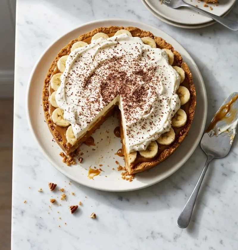 Gordon Ramsay banoffee pie on white marble with a slice cut, showing the pecan biscuit base, toffee, banana and whipped cream layers