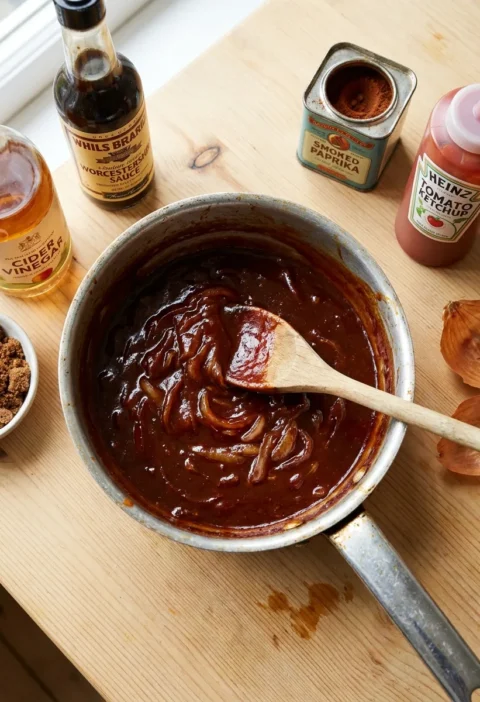 Gordon Ramsay BBQ sauce dark and glossy in a saucepan with caramelised onions