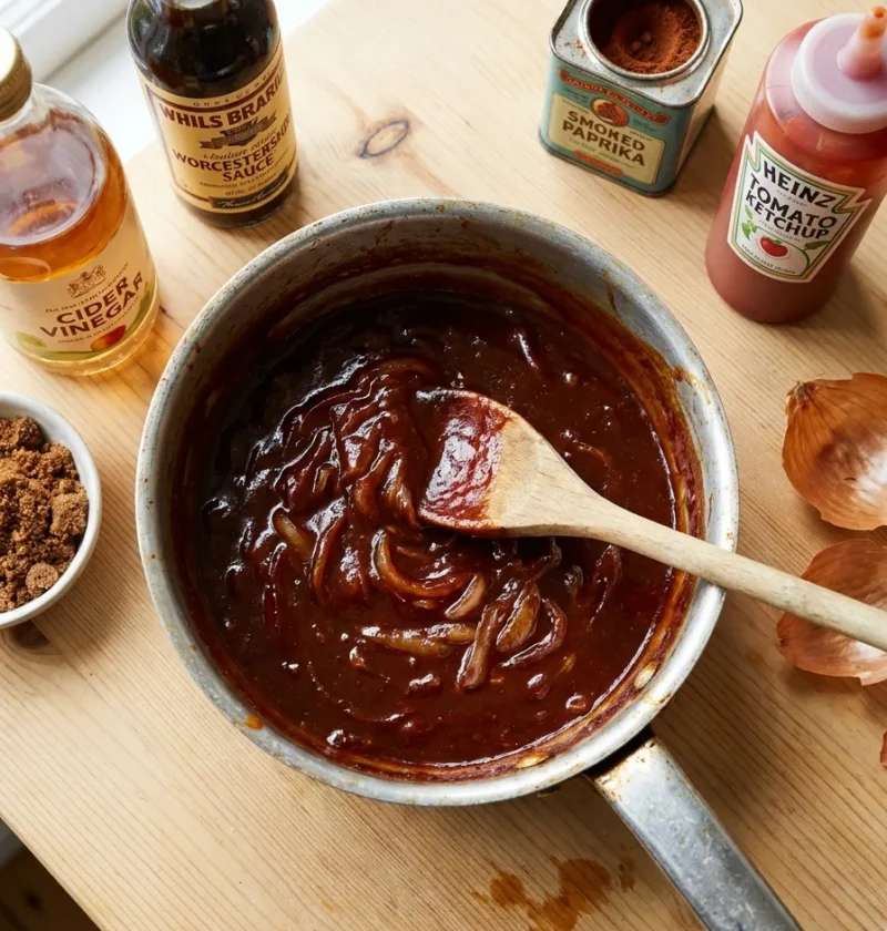 Gordon Ramsay BBQ sauce dark and glossy in a saucepan with caramelised onions