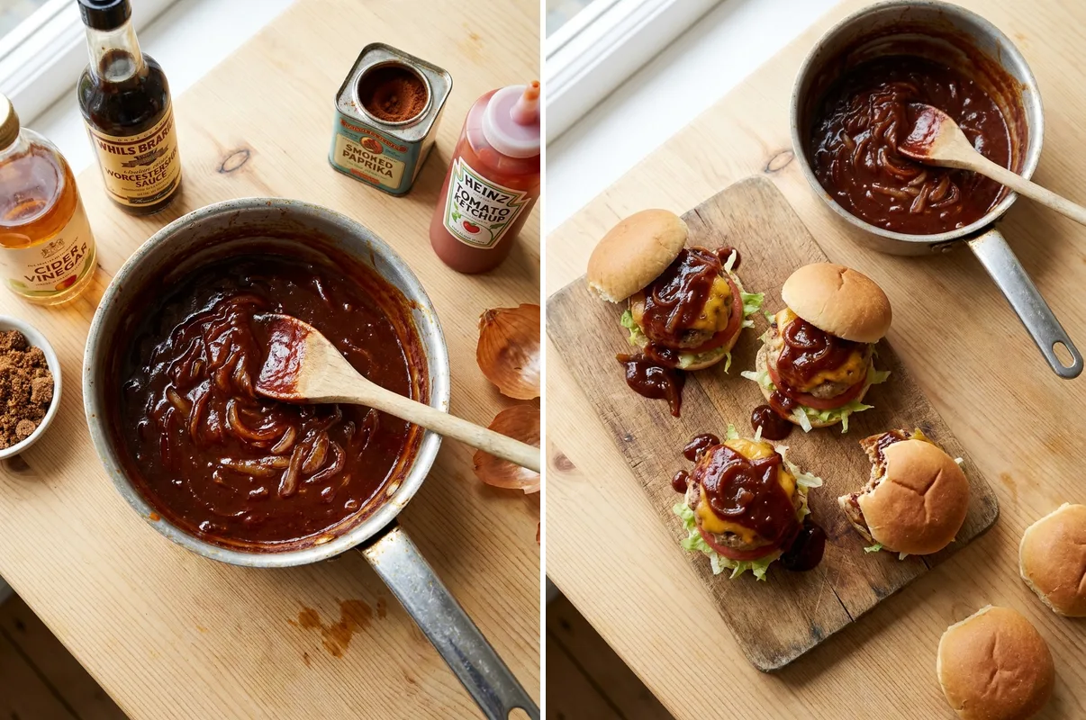 Gordon Ramsay BBQ sauce in pan and served on pork sliders with smoked cheddar