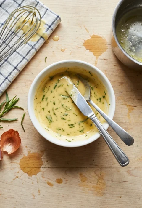 Gordon Ramsay béarnaise sauce with tarragon in a white bowl