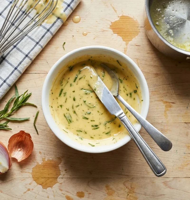 Gordon Ramsay béarnaise sauce with tarragon in a white bowl