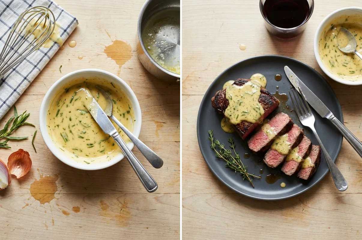 Gordon Ramsay béarnaise sauce in bowl and spooned over sliced sirloin steak