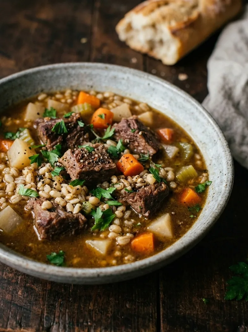 Close-up of beef barley soup showing falling-apart beef and plump barley