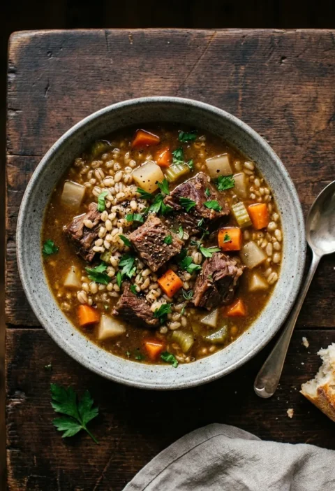 Gordon Ramsay beef barley soup with tender beef shin, pearl barley and root vegetables