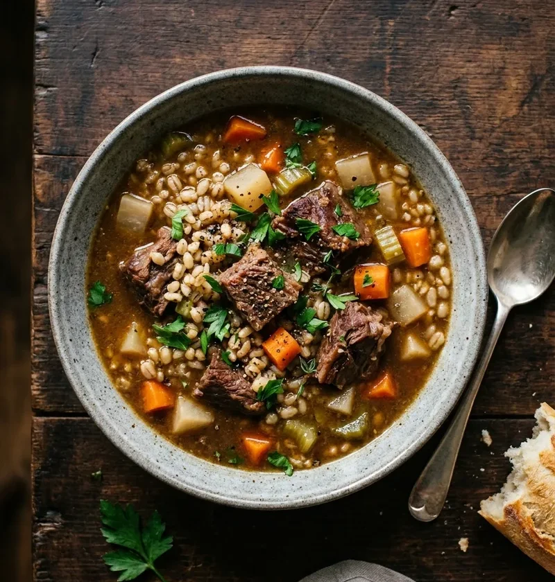 Gordon Ramsay beef barley soup with tender beef shin, pearl barley and root vegetables