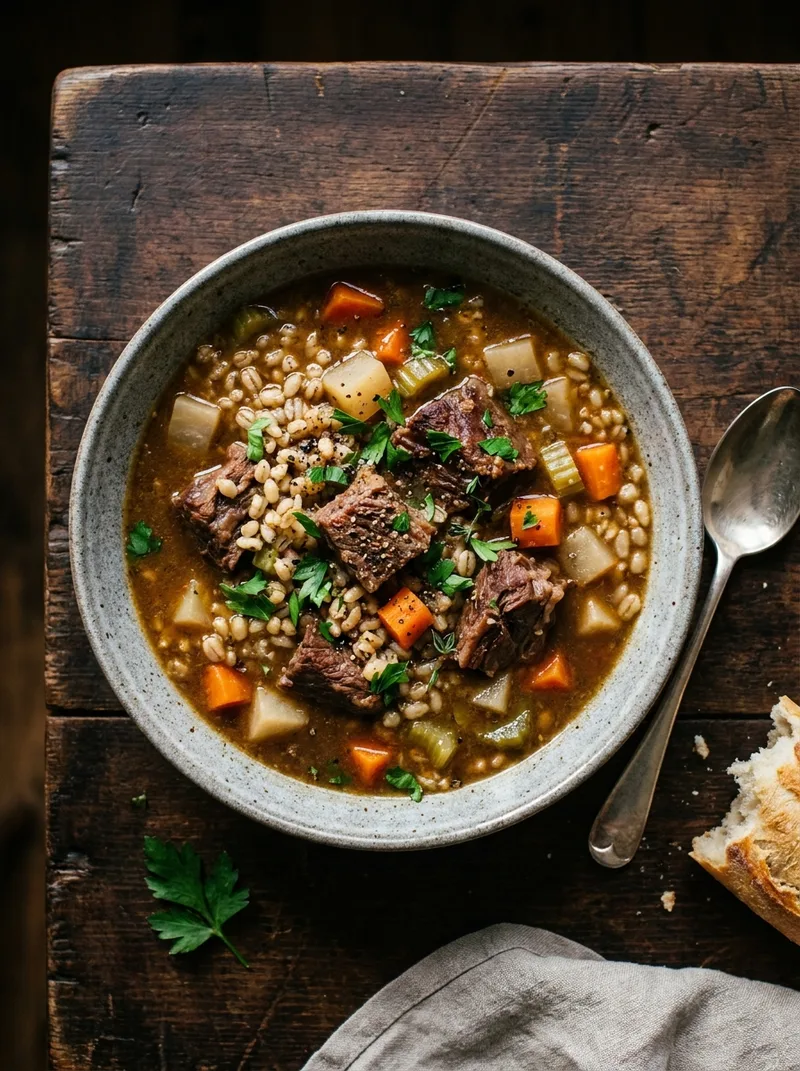 Beef barley soup with tender shin, pearl barley and root vegetables