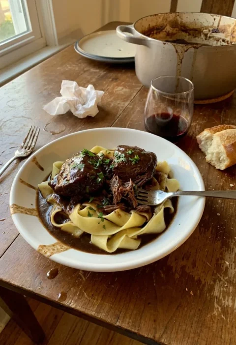 Gordon Ramsay beef cheek ragu with pappardelle in a white bowl