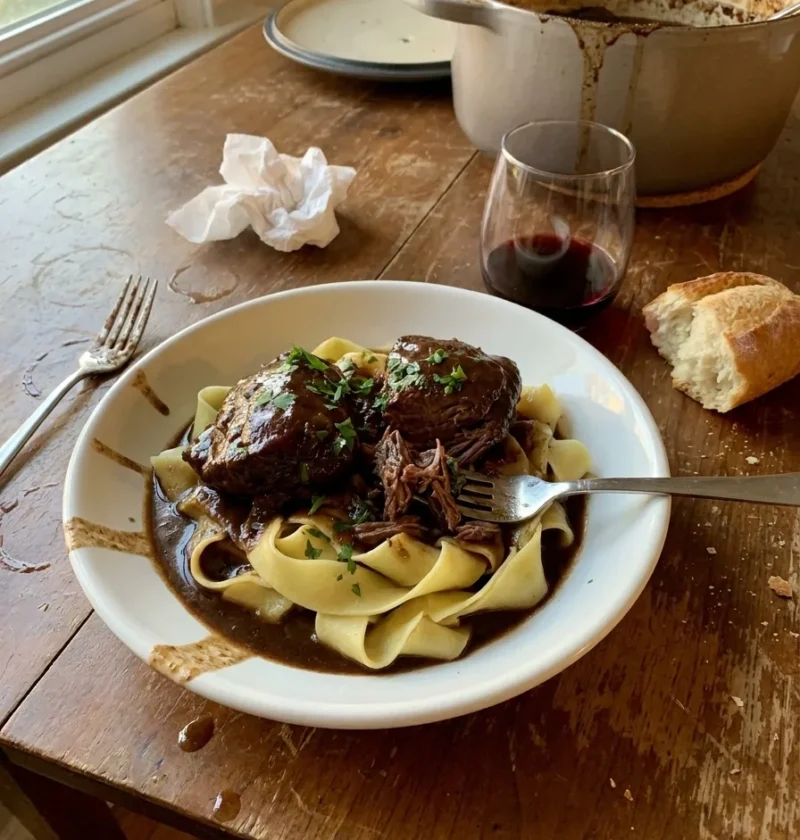 Gordon Ramsay beef cheek ragu with pappardelle in a white bowl