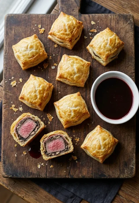 Gordon Ramsay beef wellington bites on a wooden board with one cut open showing pink centre and red wine jus for dipping