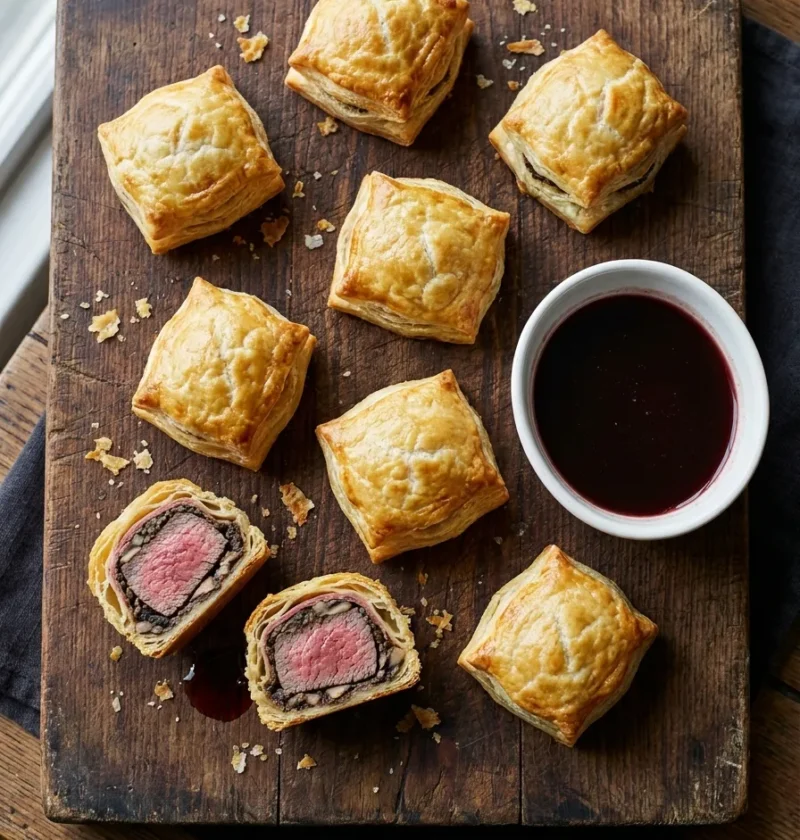 Gordon Ramsay beef wellington bites on a wooden board with one cut open showing pink centre and red wine jus for dipping