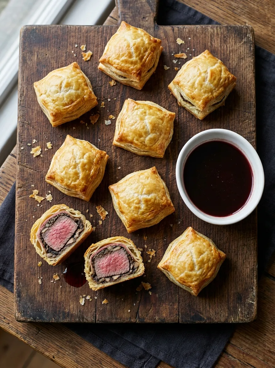 Gordon Ramsay beef wellington bites on a wooden board with one cut open showing pink centre and red wine jus for dipping