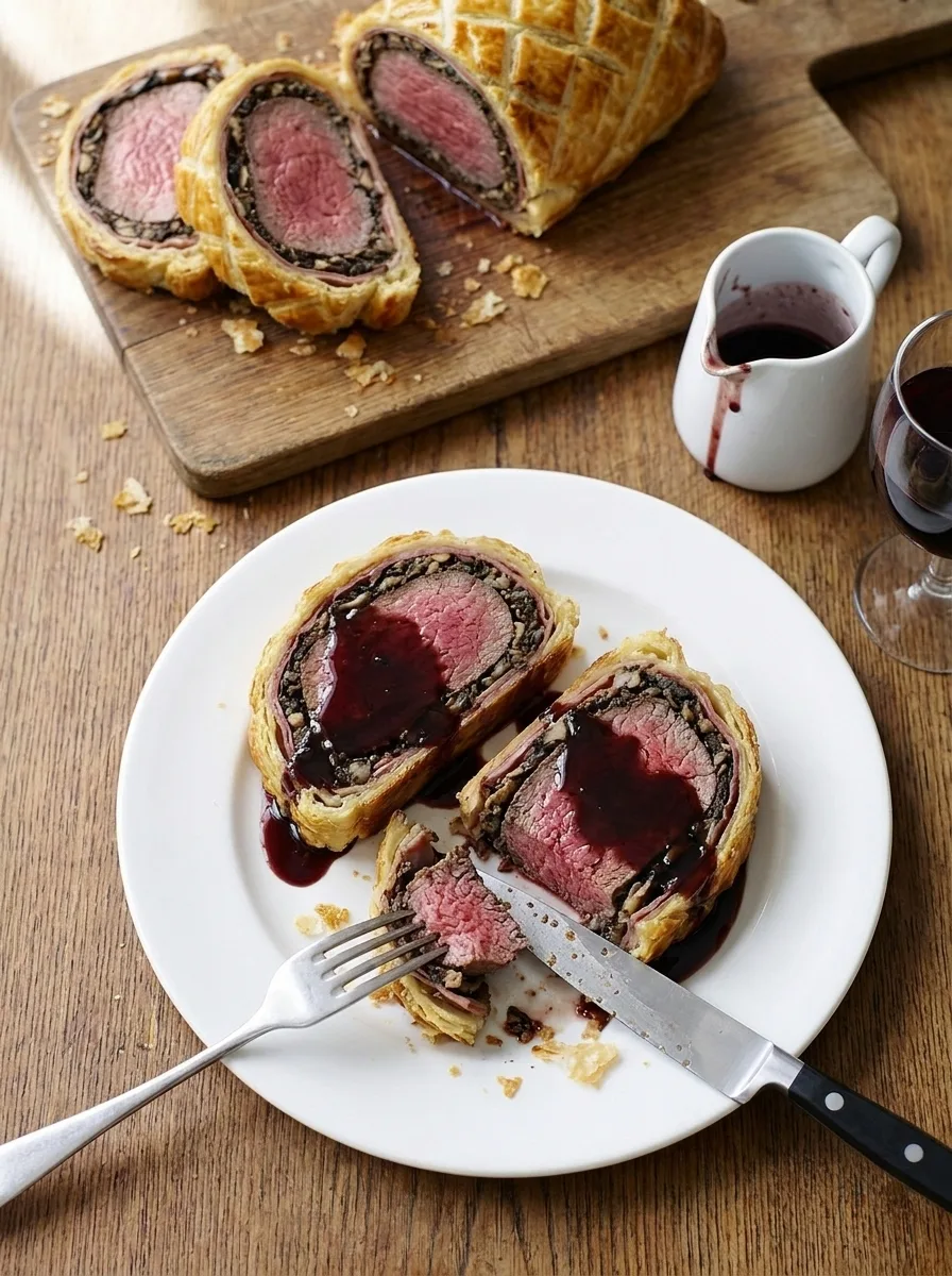 Gordon Ramsay beef wellington served on a white plate with red wine jus poured over and fork cutting into a slice