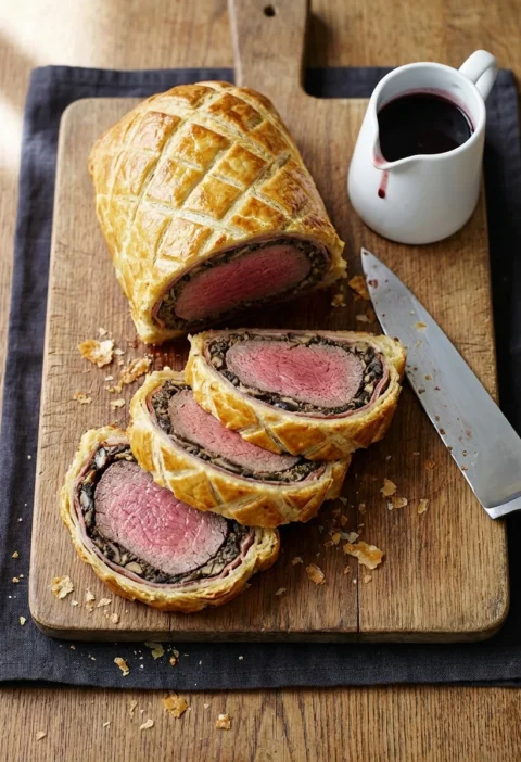 Gordon Ramsay beef wellington sliced on a wooden board showing golden pastry and pink medium-rare centre with red wine jus