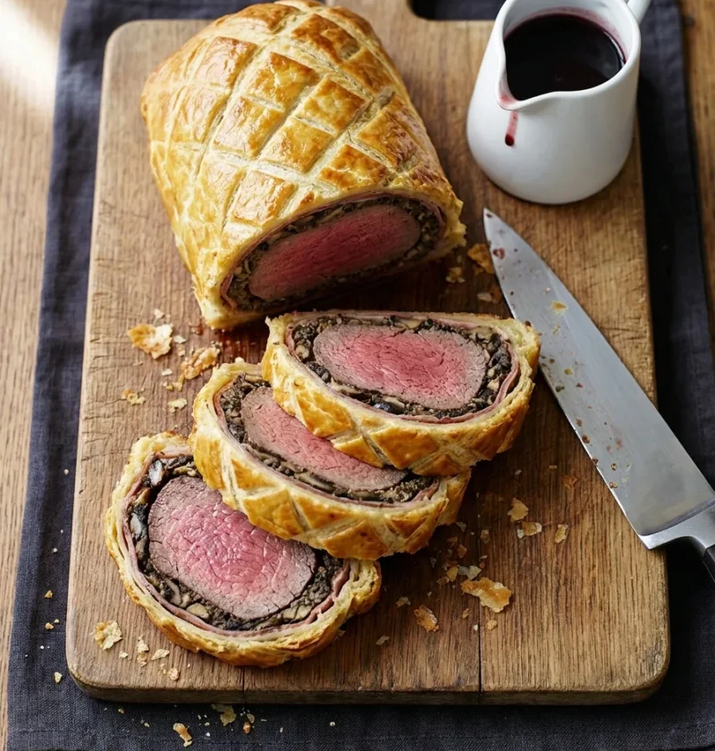 Gordon Ramsay beef wellington sliced on a wooden board showing golden pastry and pink medium-rare centre with red wine jus