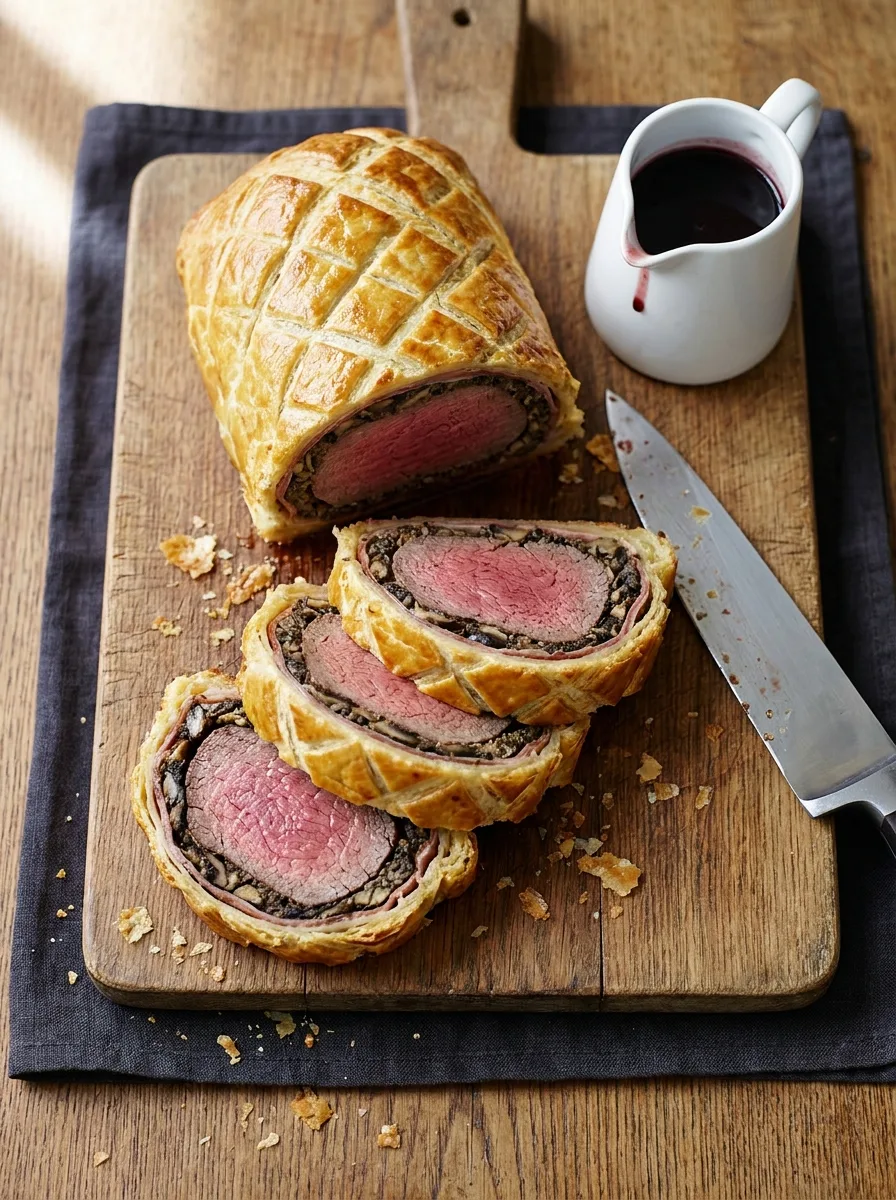 Gordon Ramsay beef wellington sliced on a wooden board showing golden pastry and pink medium-rare centre with red wine jus