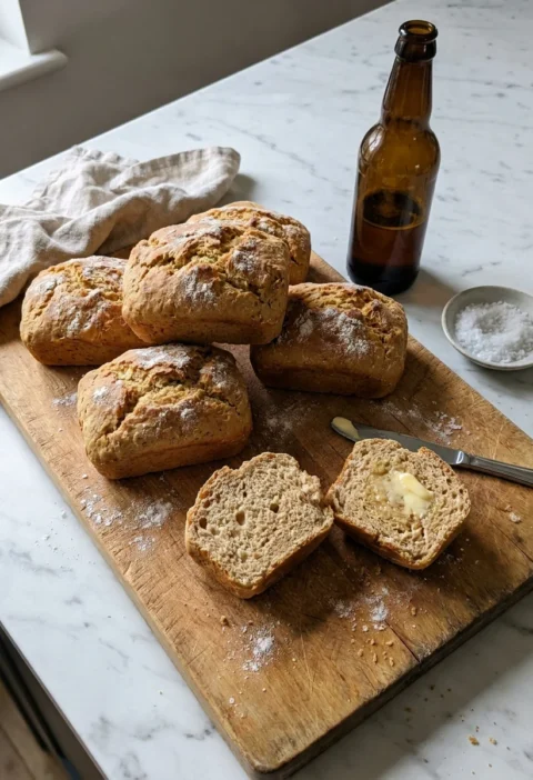 Gordon Ramsay beer bread mini loaves on a wooden board with one cut open and buttered