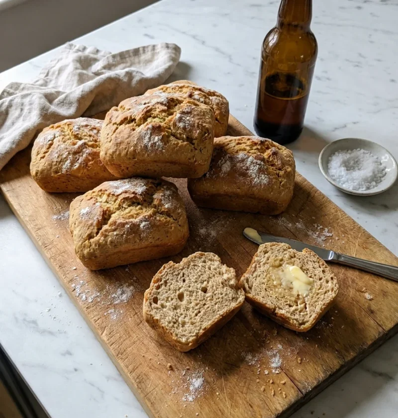 Gordon Ramsay beer bread mini loaves on a wooden board with one cut open and buttered