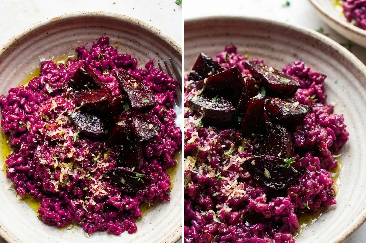 Two views of beetroot risotto showing purple rice with roasted beetroot and Parmesan