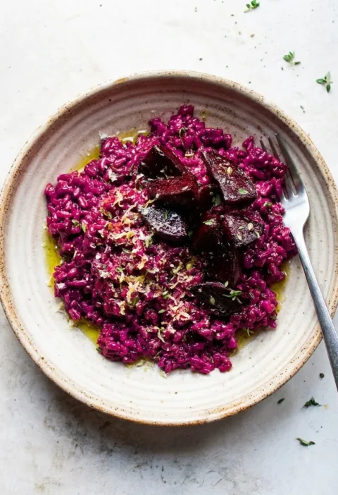 Gordon Ramsay beetroot risotto with deep purple rice, roasted beetroot chunks, Parmesan and thyme