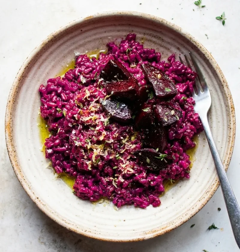 Gordon Ramsay beetroot risotto with deep purple rice, roasted beetroot chunks, Parmesan and thyme