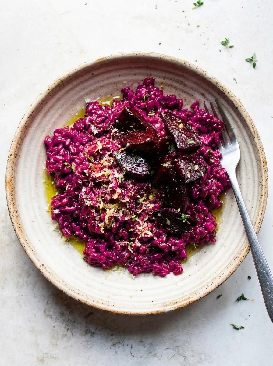 Gordon Ramsay beetroot risotto with deep purple rice, roasted beetroot chunks, Parmesan and thyme