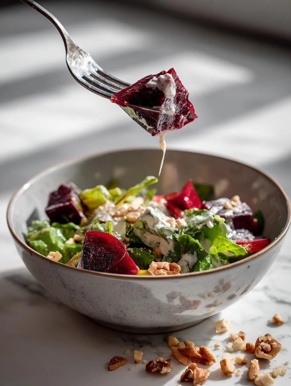 Beetroot and goat cheese salad with hazelnuts and salad leaves