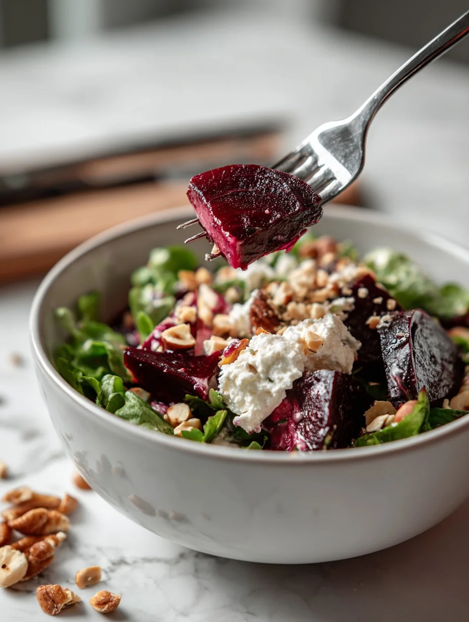 Gordon Ramsay beetroot salad with whipped goat cheese and toasted hazelnuts close up