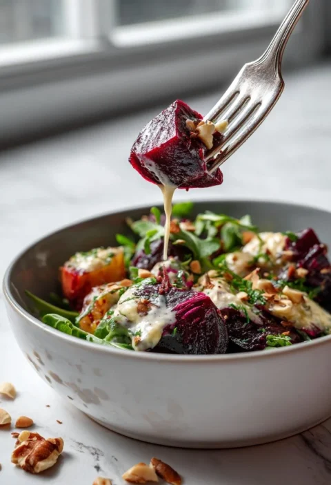 Gordon Ramsay beetroot salad with roasted beetroot whipped goat cheese and crushed hazelnuts