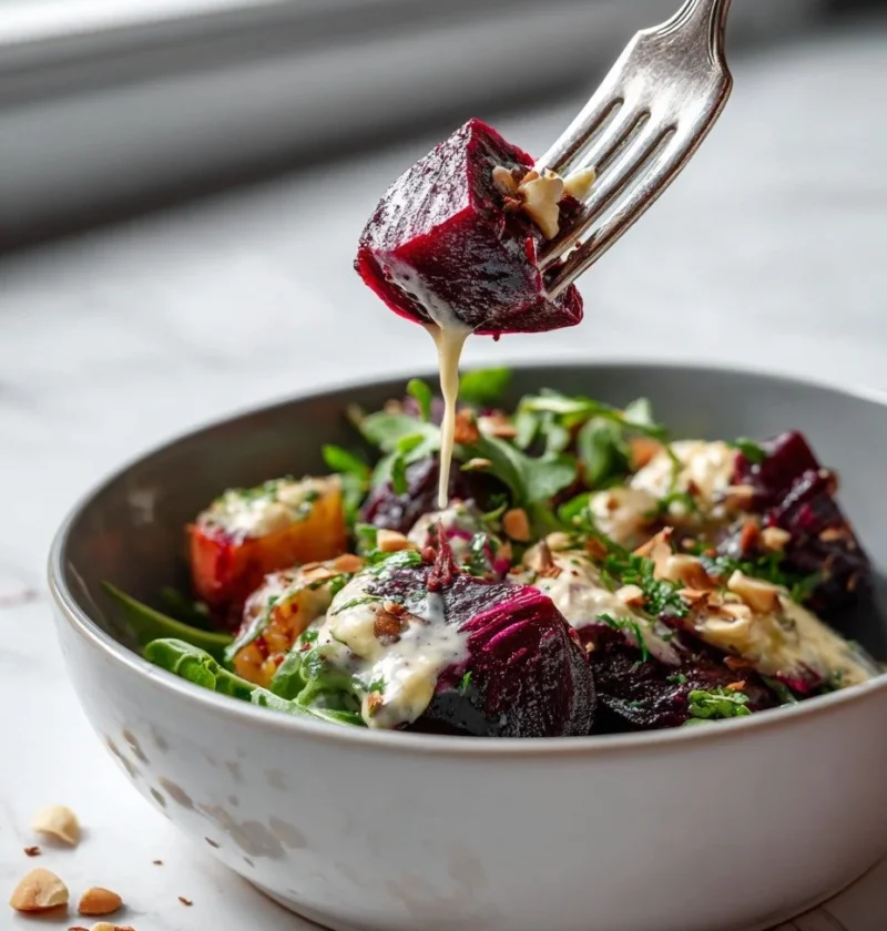 Gordon Ramsay beetroot salad with roasted beetroot whipped goat cheese and crushed hazelnuts
