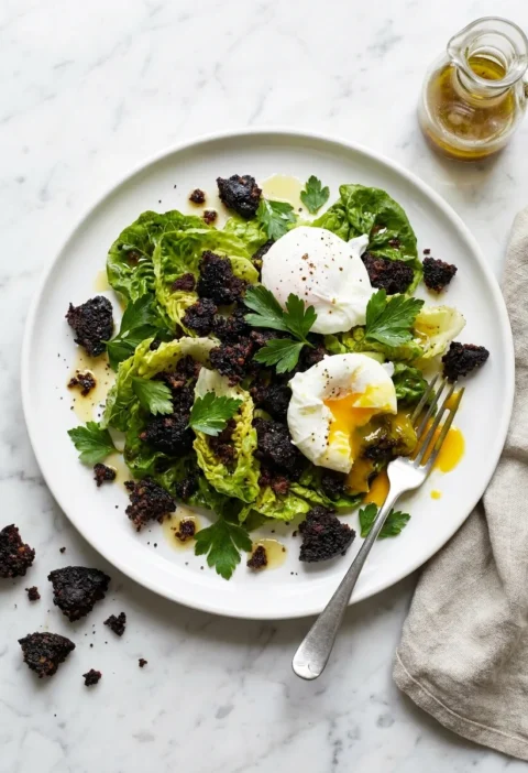 Gordon Ramsay black pudding salad with crispy crumbled black pudding over lettuce leaves with poached eggs and runny yolk cider vinegar dressing and parsley