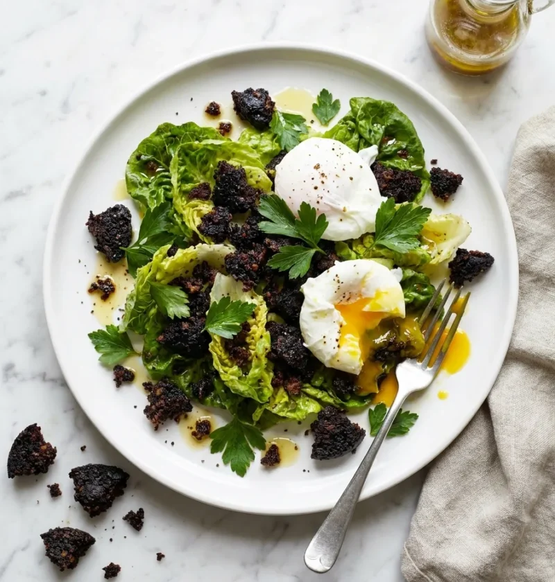 Gordon Ramsay black pudding salad with crispy crumbled black pudding over lettuce leaves with poached eggs and runny yolk cider vinegar dressing and parsley